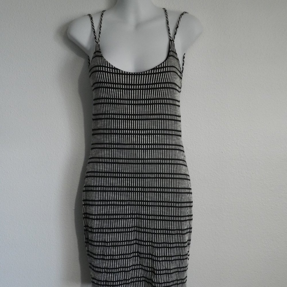 A Ellen stretch bodycon thin striped, strappy scoop back black & white dress
